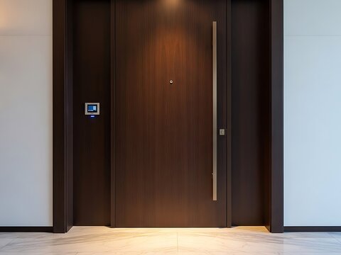 Modern wooden door with electronic lock and minimalist design indoors