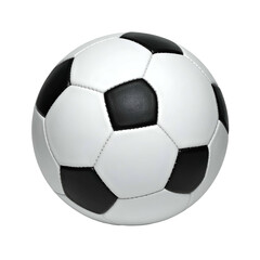A standard soccer ball with its iconic black and white pentagons and hexagons, isolated on black