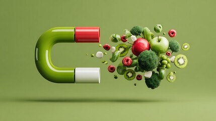 Green horseshoe magnet attracting various fresh fruits and vegetables against a green background