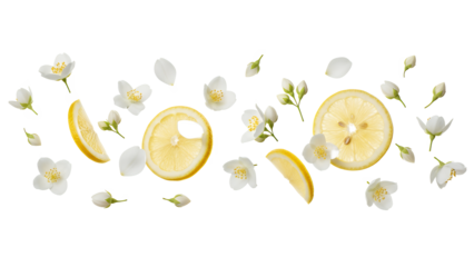 Slices of lemon and jasmine flowers arranged artistically against a white background