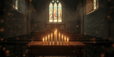 Church interior with multiple candles, emphasizing spiritual practice, World Religion Day