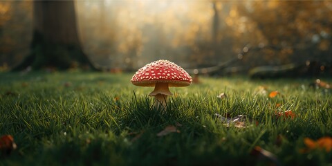 Colorful Amanita muscaria toadstool among greenery highlighting wild mushroom identification