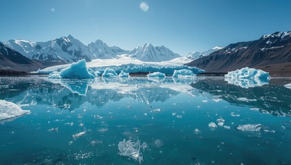 Wide view of a glacier lagoon with ice and mountain scenery, used for environmental preservation discussions