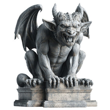 Menacing stone gargoyle 3D render featuring demonic details, powerful wings, and fierce expression on white