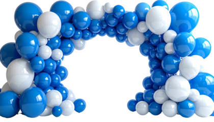 Vibrant arch composed of white & blue balloons, creating a celebratory or festive entrance