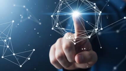Finger connects digital network in blue space with innovation  technology.