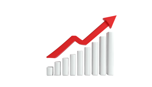 3D graph with red arrow indicating upward trend, representing growth and progress - Powered by Adobe