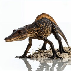 Fototapeta premium Detailed depiction of ancient reptile standing on a rock with a white background