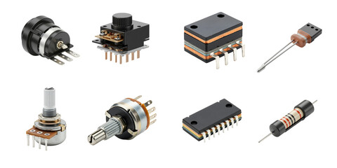 Various electronic components isolated on white background
