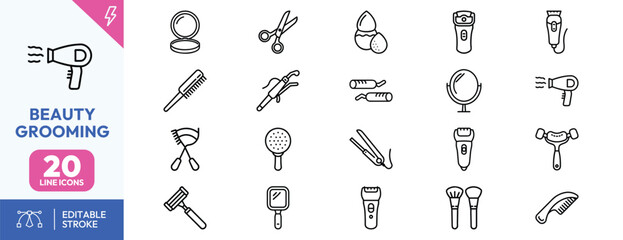 Beauty Grooming Icons Set for Personal Care and Makeup