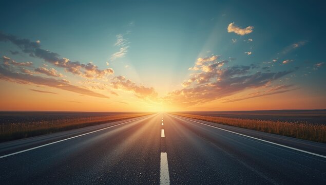 Paved roadway under a bright sky serving as a background for urban planning or signage, transportation theme