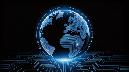 Glowing blue digital globe with circuit board lines on black background