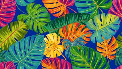 Colorful Neon Tropical Leaves Seamless Pattern on Blue Background
