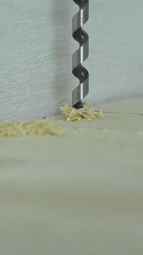 Wood Drilling Process, Carpenter Carefully Drills Precise Holes Into Wood For Construction Purposes