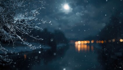 Tree branch with fresh snow layered on a night backdrop serving as a winter scenery background, seasonal change