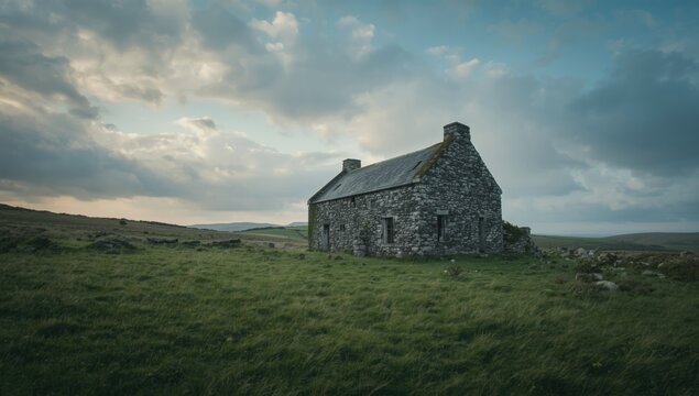 Ruined rural dwelling from the famine period in County Cork Ireland, highlighting historic architecture