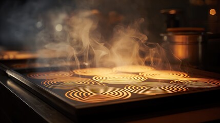 Contemporary griddle cooking with panca on hot stove top with steam rising in a modern kitchen setting with warm lighting