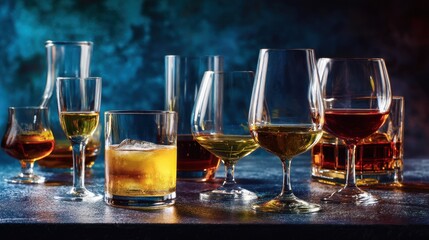 A collection of spirits including whiskey, cognac, and rum, elegantly served in diverse glassware against a rich, textured background. Perfect for illustrating refined social settings and beverage col
