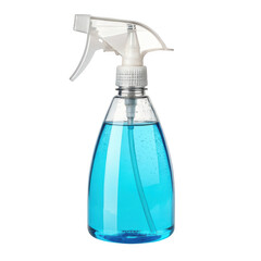 3d blue liquid spray bottle with trigger sprayer isolated on transparent background
