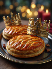 Galette des rois pastries with crowns for epiphany celebration