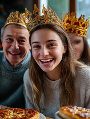 Family celebrating epiphany wearing gold crowns at home