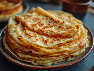 Stacked golden brown crepes on plate for breakfast