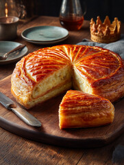 Galette des rois with slice cut revealing frangipane filling