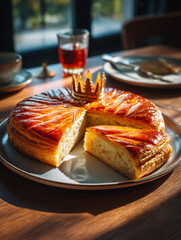 Galette des rois with golden crown for epiphany