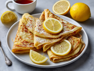 Crepes with lemon slices and powdered sugar