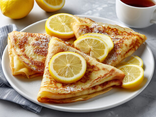 Crepes with lemon slices and powdered sugar, serving with tea
