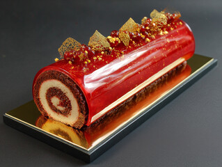 Gourmet yule log christmas dessert with red glaze