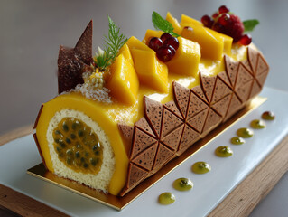 Tropical mango passion fruit log cake dessert