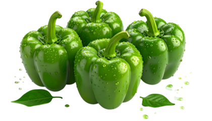 Four shiny green bell peppers with water droplets, leaves on a dark background
