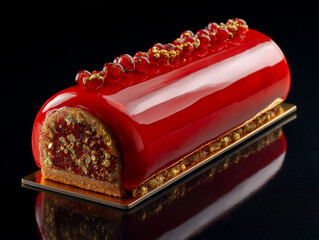 Red mirror glaze dessert with berries and gold flakes