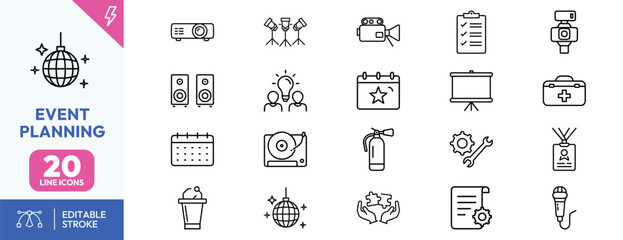 Event planning line icons set for organization and management