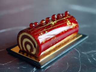 Red glaze swiss roll cake with gold flakes