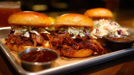 Delicious pulled pork sandwiches topped with creamy coleslaw served on a tray. Accompanied by a side of tangy BBQ sauce, these sandwiches offer a perfect blend of flavors and textures.