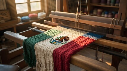 Mexican flag woven on traditional loom in textile workshop
