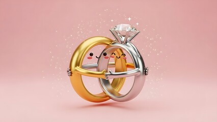 Embracing gold and silver wedding rings with happy faces on a pink background.