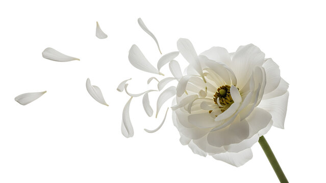 A white flower losing petals, showcasing nature's fleeting beauty from a close-up viewpoint