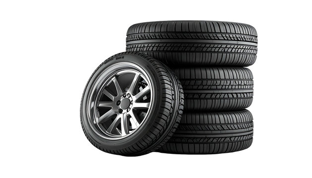 Stack of four tires with one individual tire. The background is solid black