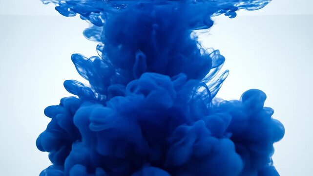 Vibrant sapphire blue ink dissolving in crystal clear water creating chaotic plumes and mesmerizing slow motion nonlinear patterns smooth motion, crystal clear water, relaxation