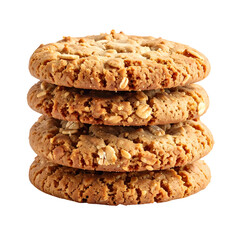 A close-up stack of four golden-brown, oatmeal-style cookies, isolated against a black backdrop