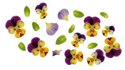 A collection of pansy flowers and leaves arranged in a scattered pattern on a white background from a top-down viewpoint