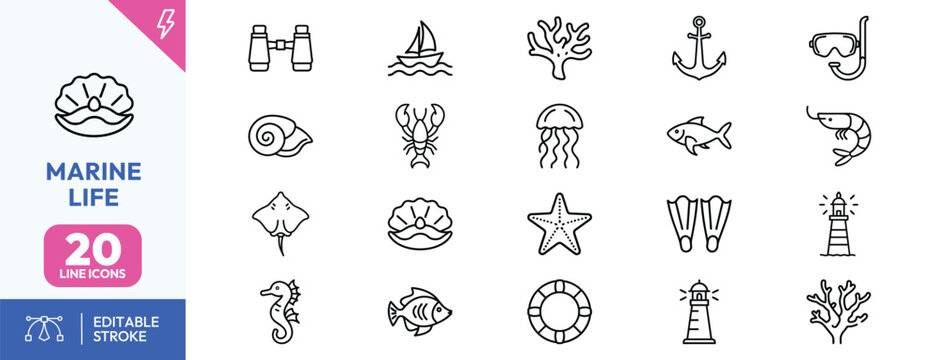 Marine life icons set with editable stroke