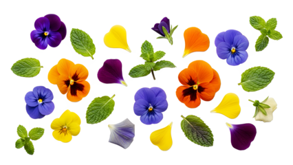 Colorful flowers and leaves arranged in a decorative pattern on a white background from a top view