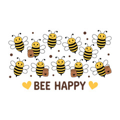Cute Honey Bee Illustration Set with Bee Happy Text, Hearts, and Honey Pots for Kids Nursery Decor