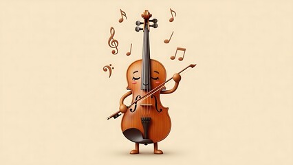 Cute cartoon violin playing music with bow on a light beige background.