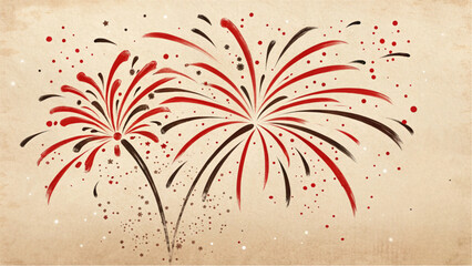 Artistic red and black strokes depict a festive firework display.