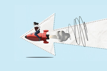 Signpost - Woman with lapetop launches on a rocket. Business analytics and strategic. Find a right way.